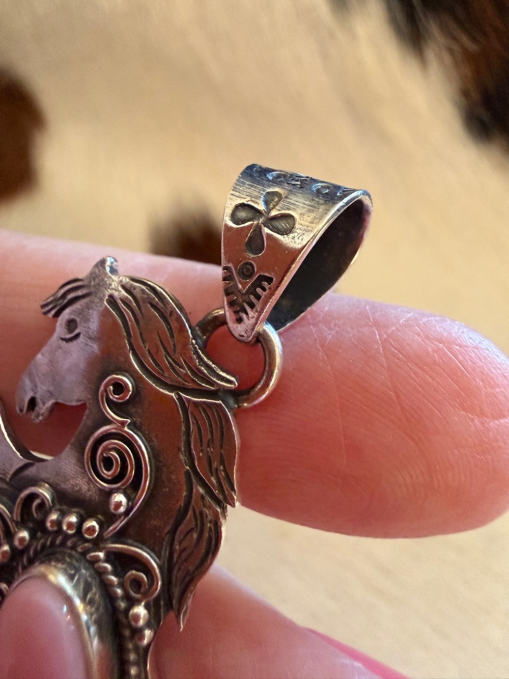 ❤️ Queen Pink Conch Sterling Hand Stamped Statement Rearing Horse Pendant 2.51”L - Picture 5 of 13